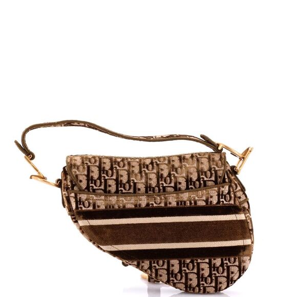 Christian Dior Saddle Handbag Logo Embroidered Oblique Velvet Medium Brown - Picture 3 of 6